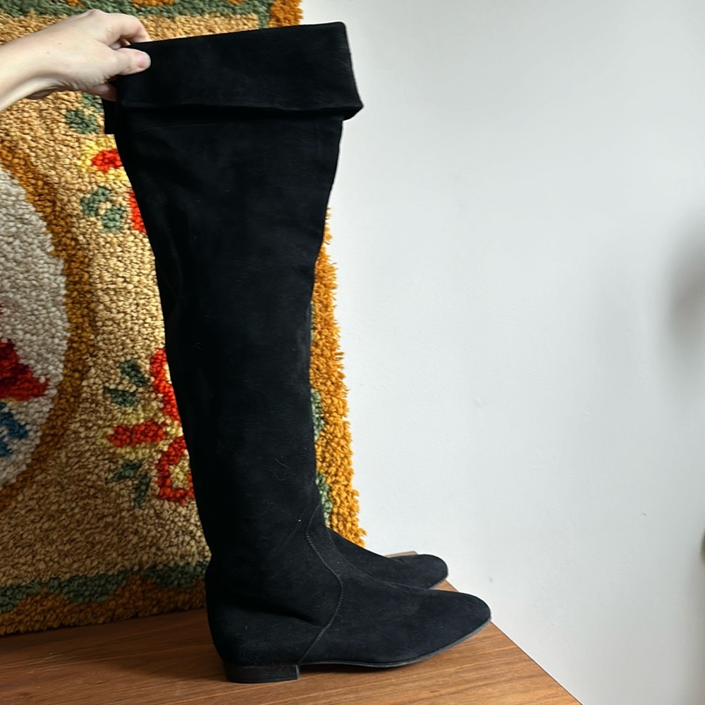 Vintage 80’s Escada Knee High Slouchy Black Suede Flat Boots Size 37.5